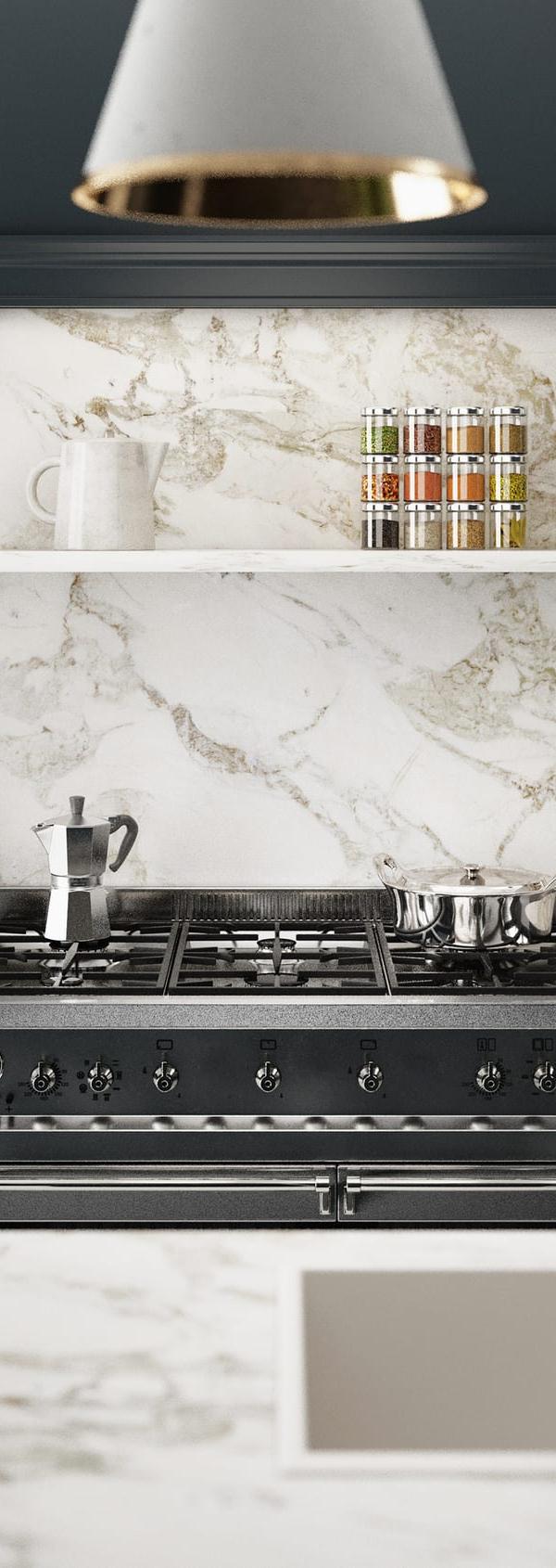 Bold Navy Cabinets with Dramatic Marble Backsplash