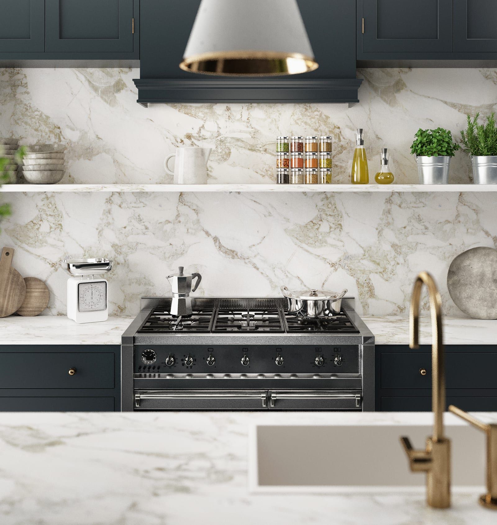 Bold Navy Cabinets with Dramatic Marble Backsplash