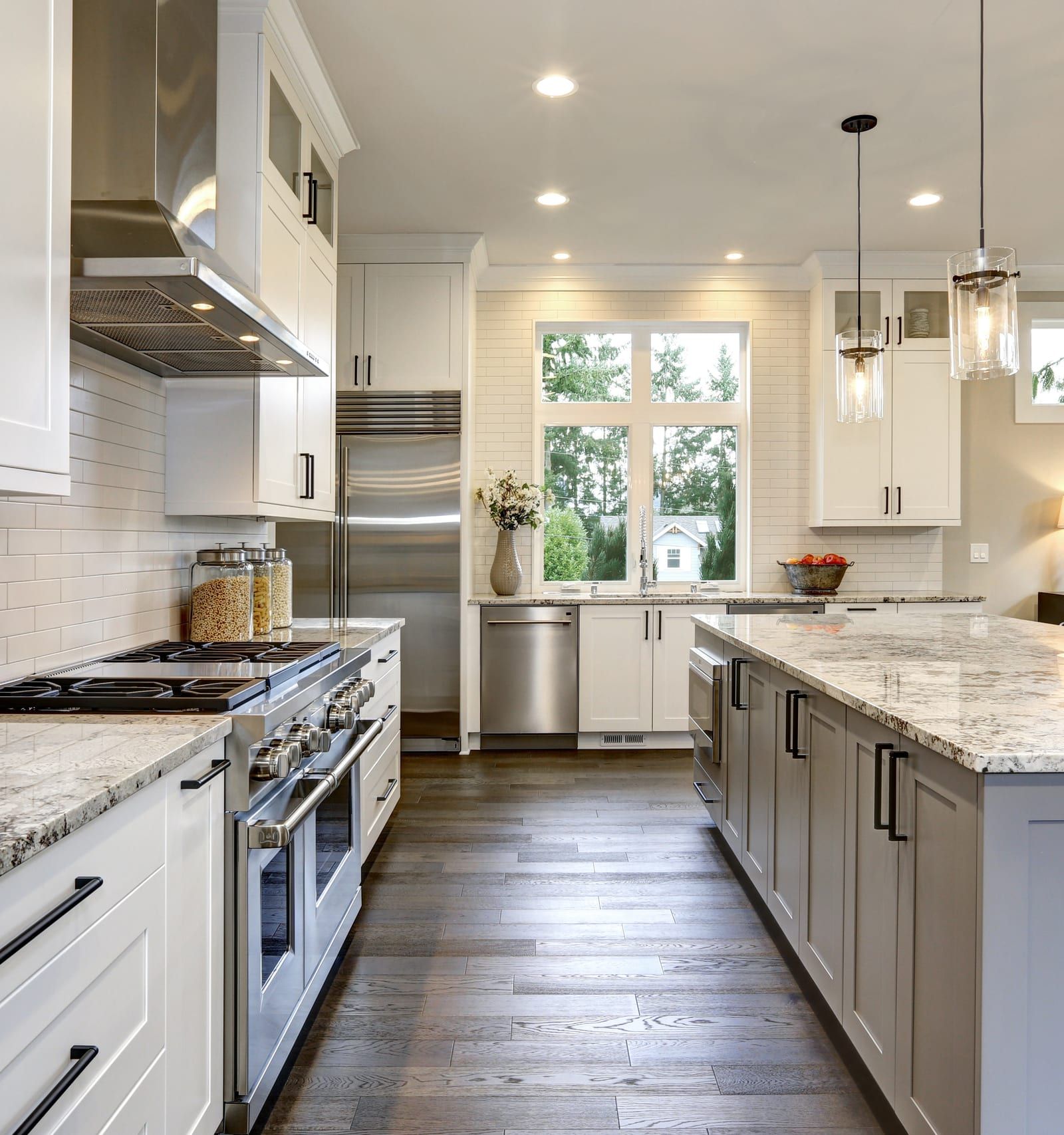 Classic White and Gray Kitchen with Bold Granite