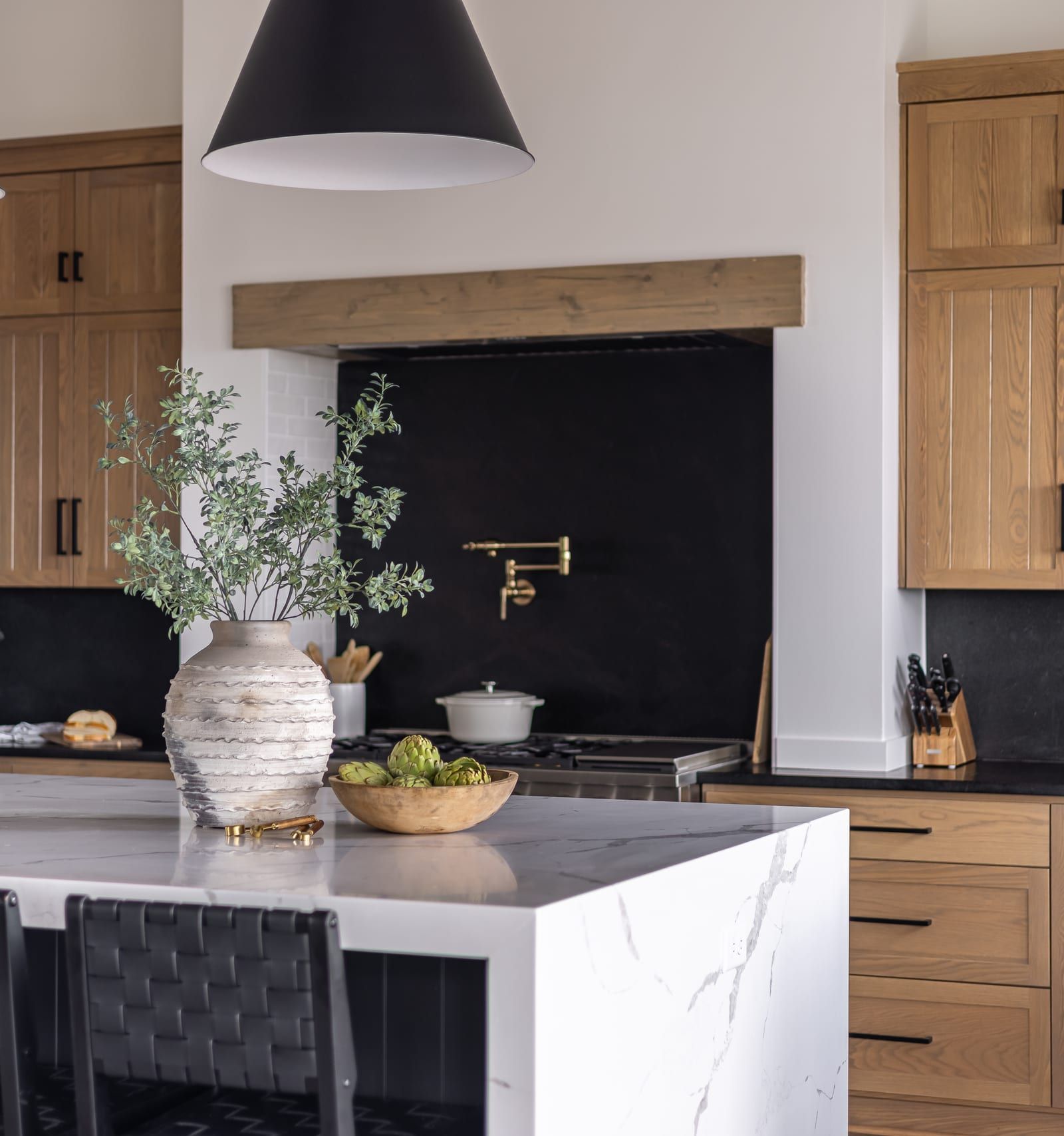 Natural Wood and Black Stone Contrast Kitchen